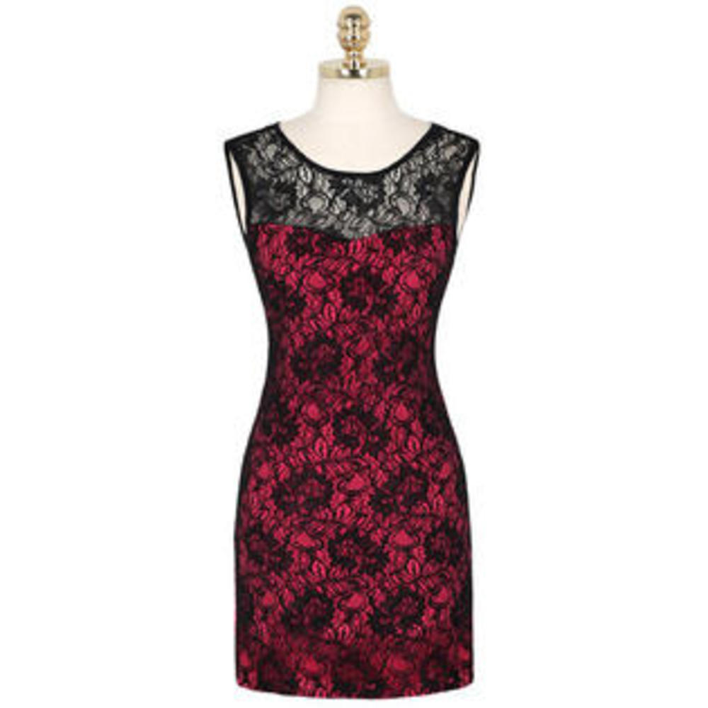 Women Flower Design Full Lace Back Zipper Dress Red Black
