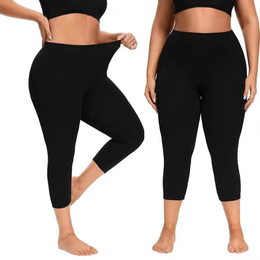 Solid Black Milk Silk Cropped Leggings for Women, Stretch Tight Yoga Running Safety Pants, Plus Size