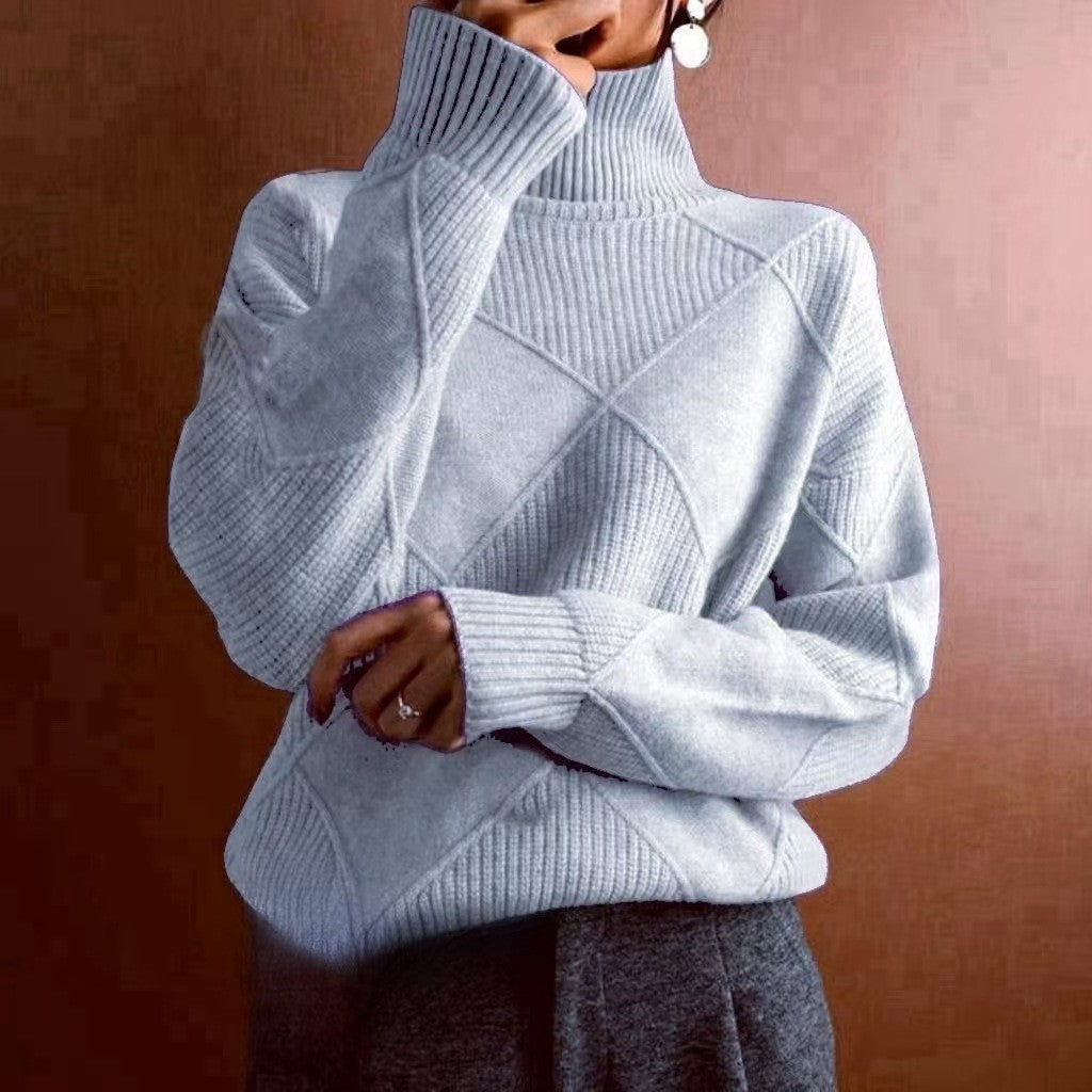 Women's Loose Elegant High-Neck Knitwear - Solid Color Commuter Sweater