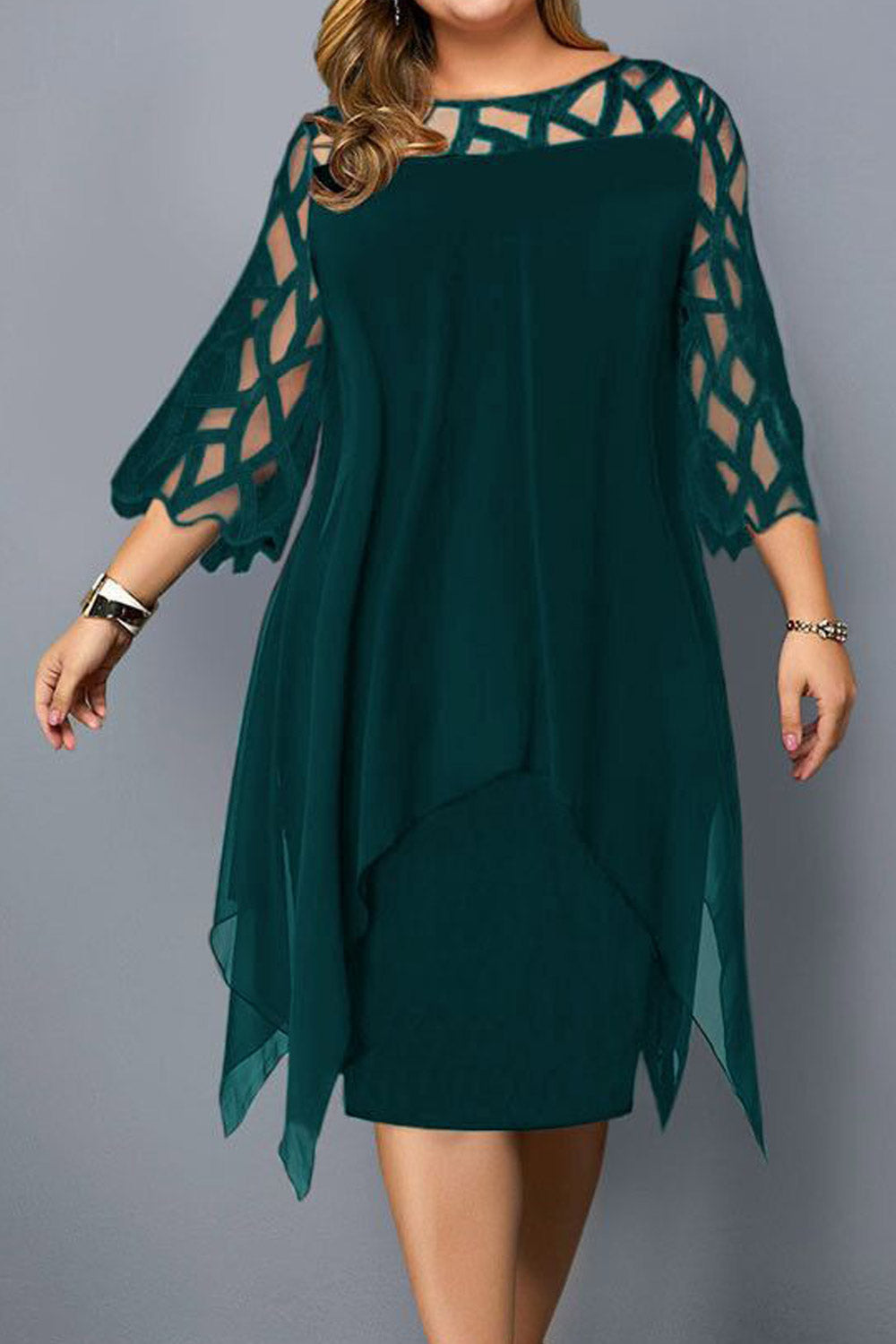Women Plus O Neck Lace Sleeve Hollow Mesh Printed Party Dress