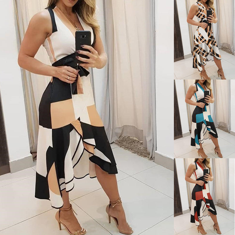 Summer V-Neck Sleeveless Contrast Color Printed Women's Dress – Lightweight & Stylish