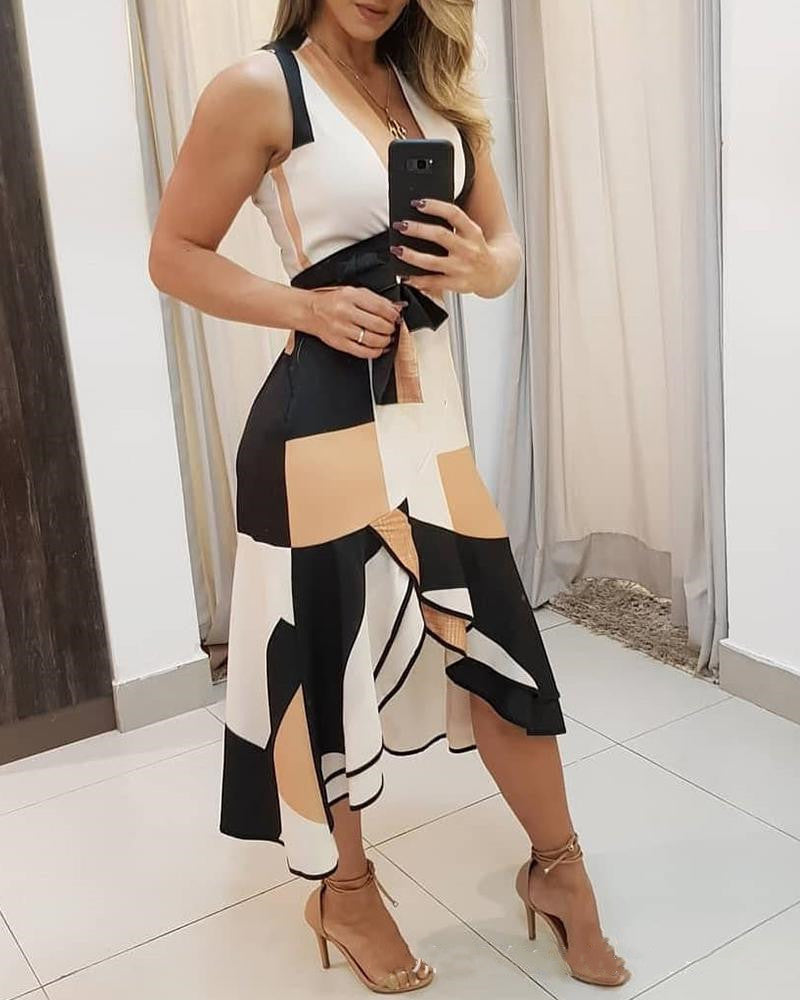 Summer V-Neck Sleeveless Contrast Color Printed Women's Dress – Lightweight & Stylish