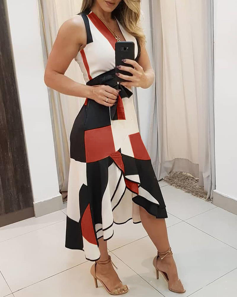 Summer V-Neck Sleeveless Contrast Color Printed Women's Dress – Lightweight & Stylish