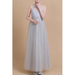 Kids Girls Halter Neck Tie Back Long Gown Pleated Dress