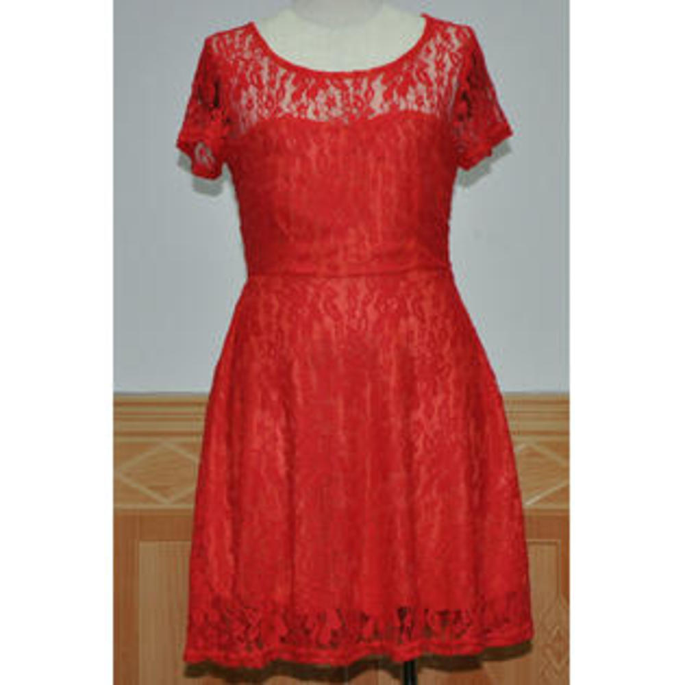 Women Halter Style Round Neck Short Sleeves Dress Red