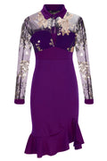 Women's Fashion Embroidered Beaded Mesh Ruffles Long Sleeve Dress