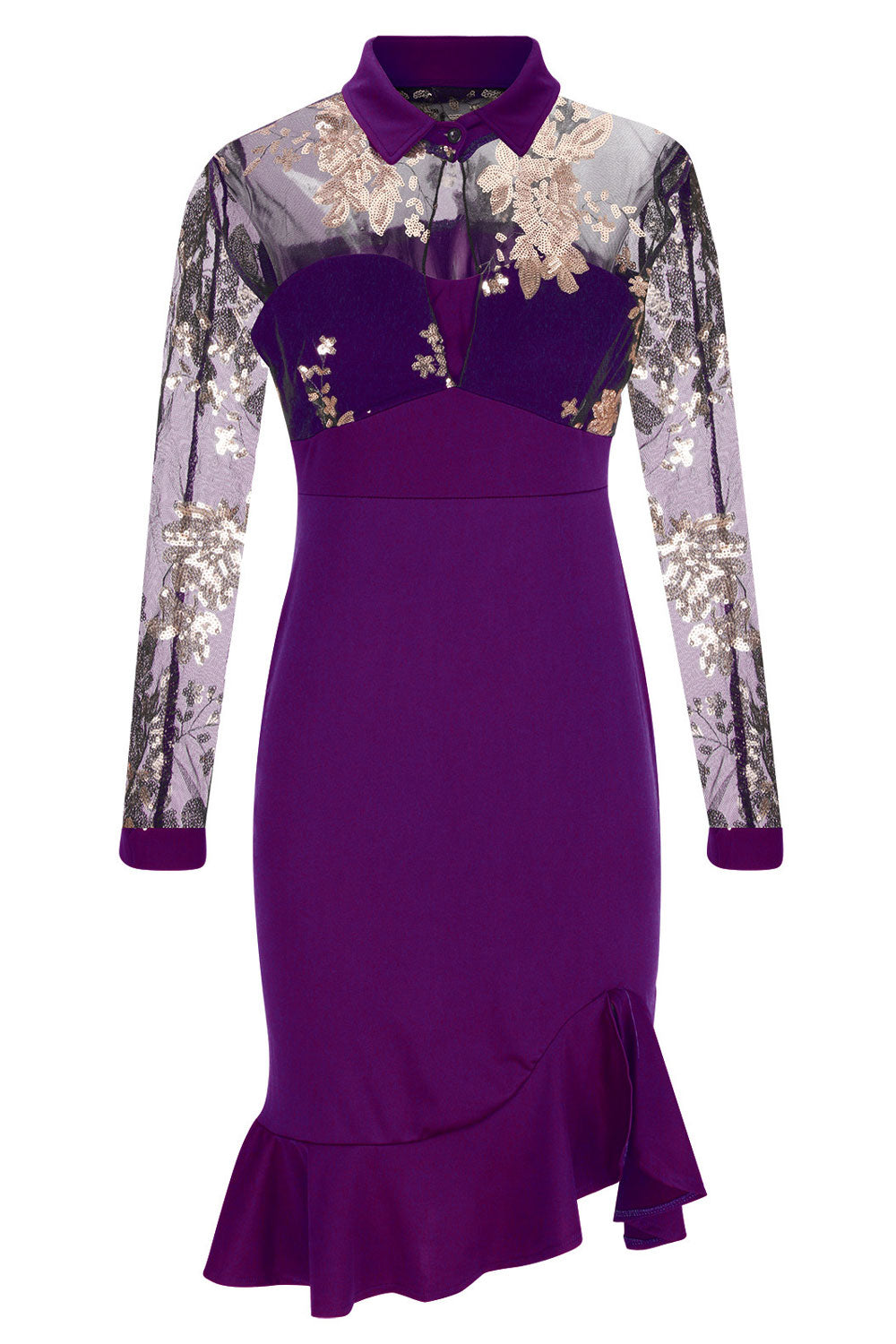 Women's Fashion Embroidered Beaded Mesh Ruffles Long Sleeve Dress