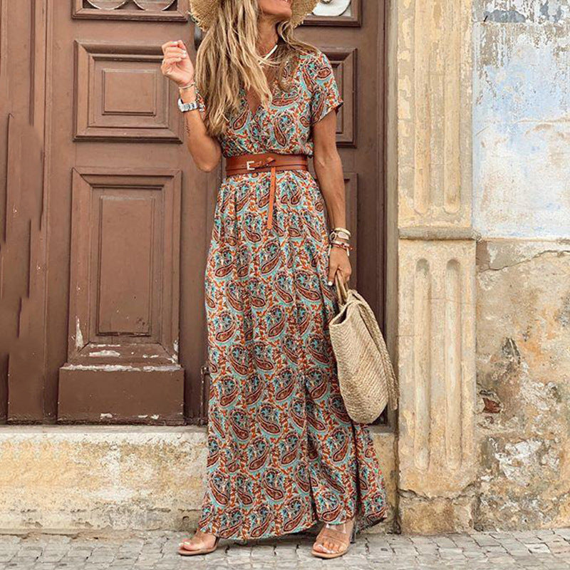 Women's Bohemian V-Neck Floral Maxi Dress – Flowy Summer Beach Sundress with Short Sleeves