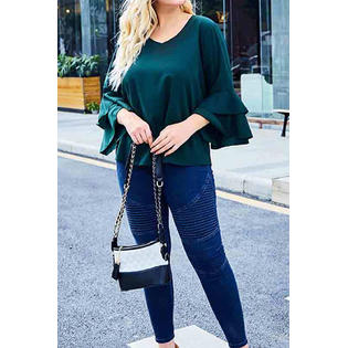 Women Plus Solid Pattern V-Neck Long Sleeve Lovely Shirt