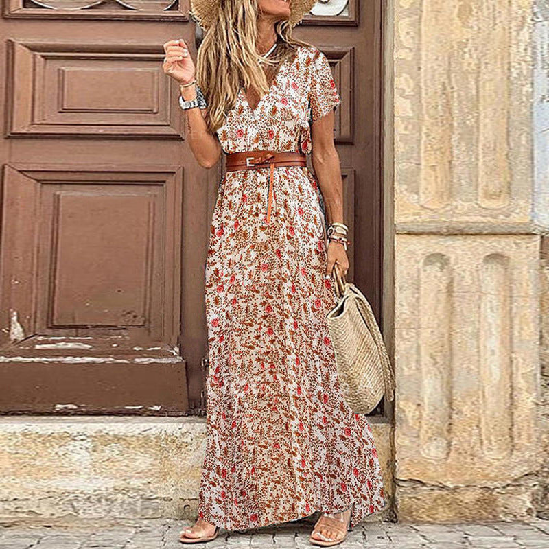 Women's Bohemian V-Neck Floral Maxi Dress – Flowy Summer Beach Sundress with Short Sleeves