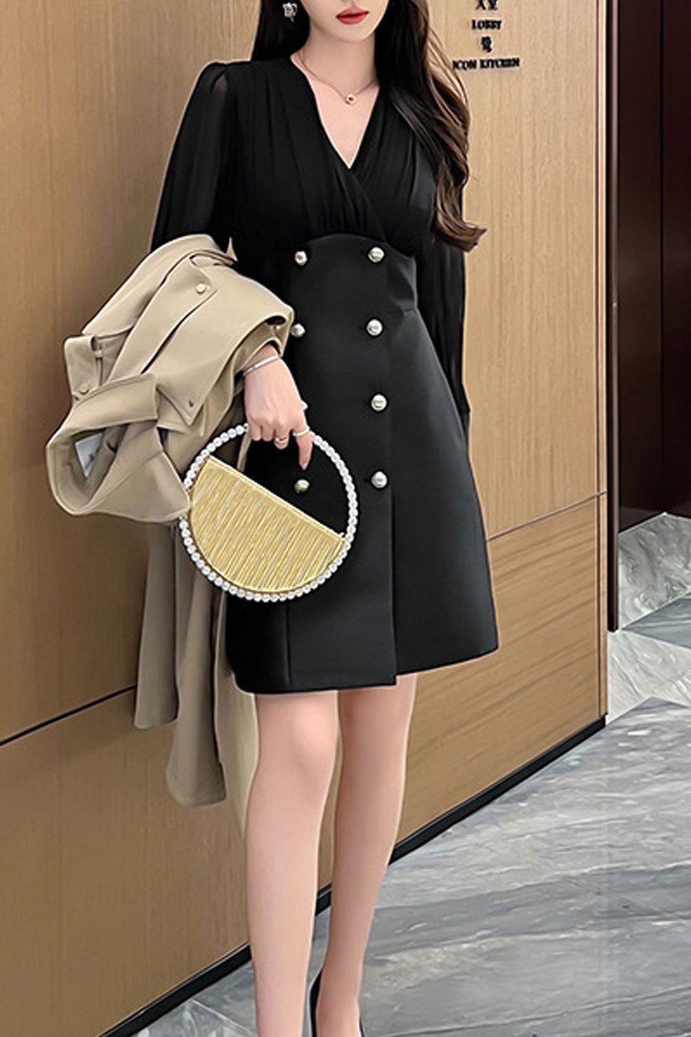 Women Spring Long Sleeves V-Neck Solid Pattern Belly Design Skirt Dress