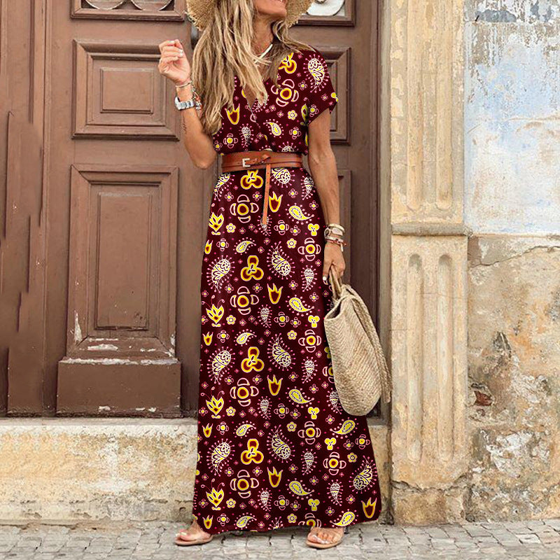 Women's Bohemian V-Neck Floral Maxi Dress – Flowy Summer Beach Sundress with Short Sleeves