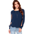 Women's Round Neck Stylish long Sleeves Hollow Out Lilac Shirt Navy