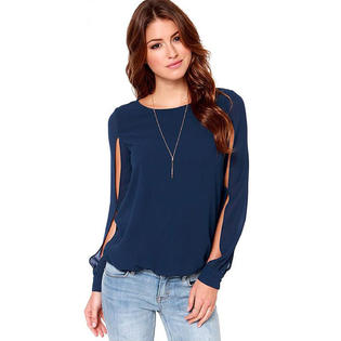Women's Round Neck Stylish long Sleeves Hollow Out Lilac Shirt Navy