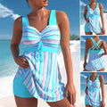 New Striped Printed Gathered Pleated Tankini with High-Waist Boxer for Women