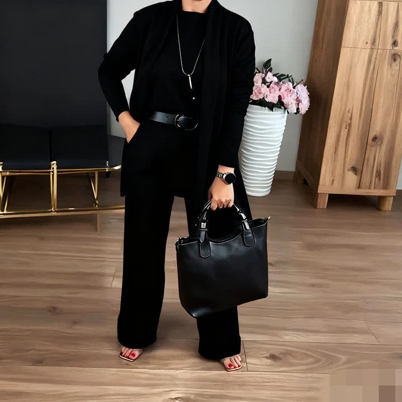 Women's Solid Color Round Neck Long Sleeve Top and Belted Pants Two-Piece Set