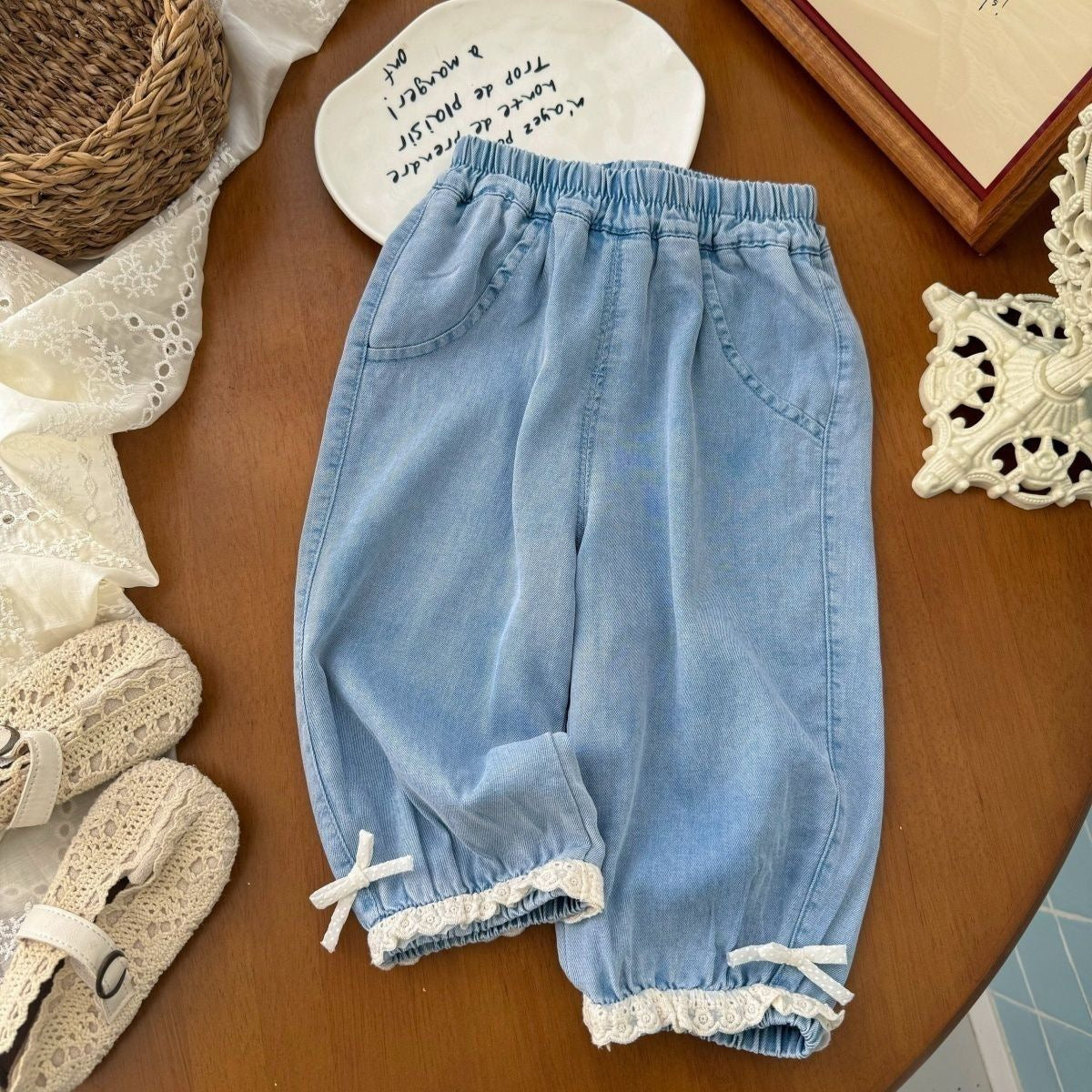 Girls’ Summer Jeans – Baby Fashionable Stylish Lace Bow Tencel Bloomers for Kids - RAC26JP5420BATB