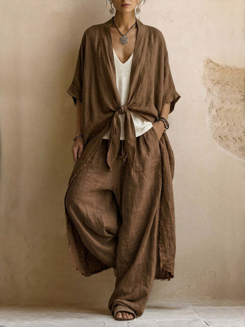 Casual Loose Solid Color Tie-Up Cardigan & Long Pants Women's Lounge Set