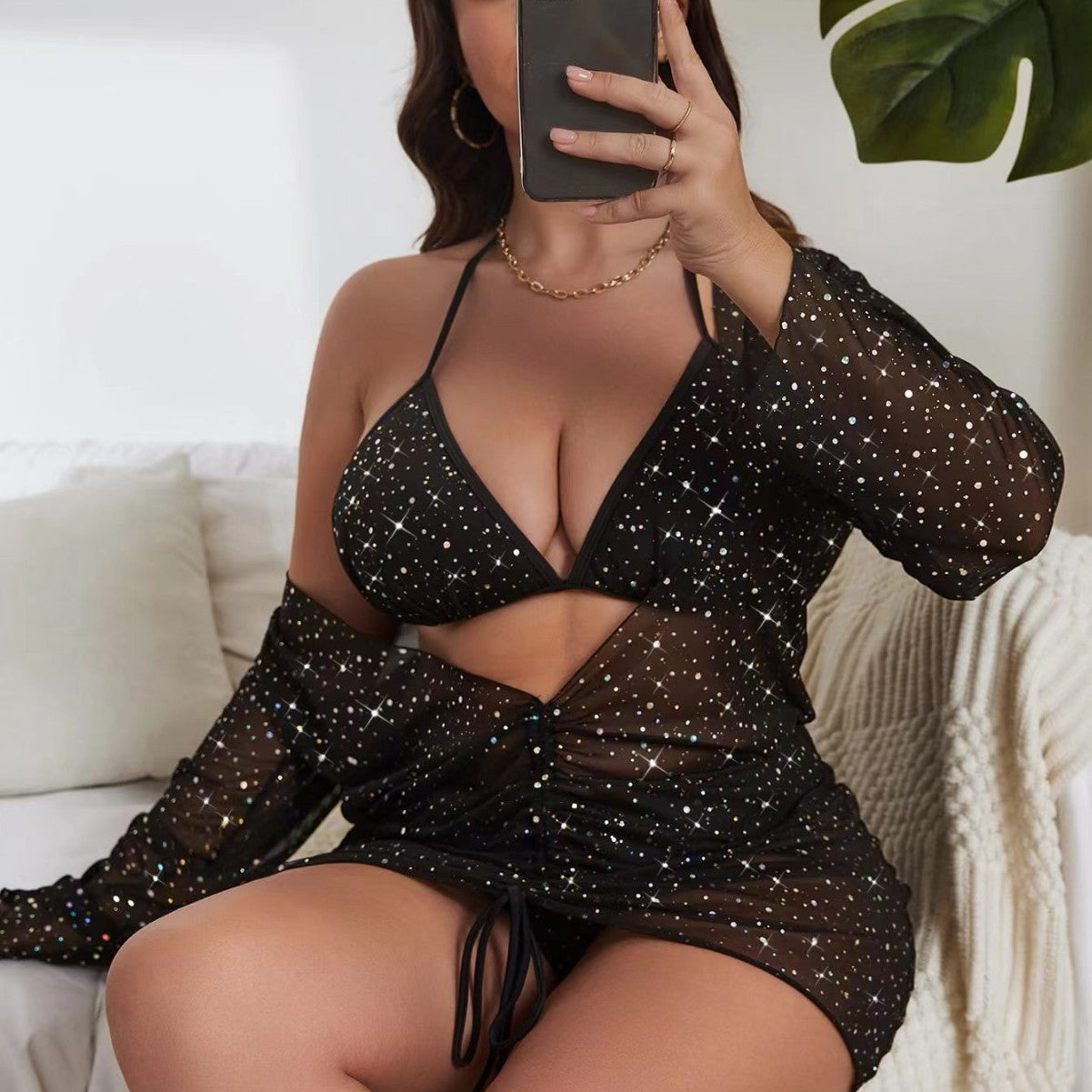 Plus Size Three-Piece Swimsuit Set with Starry Sequins & Sun Protection Cover-Up