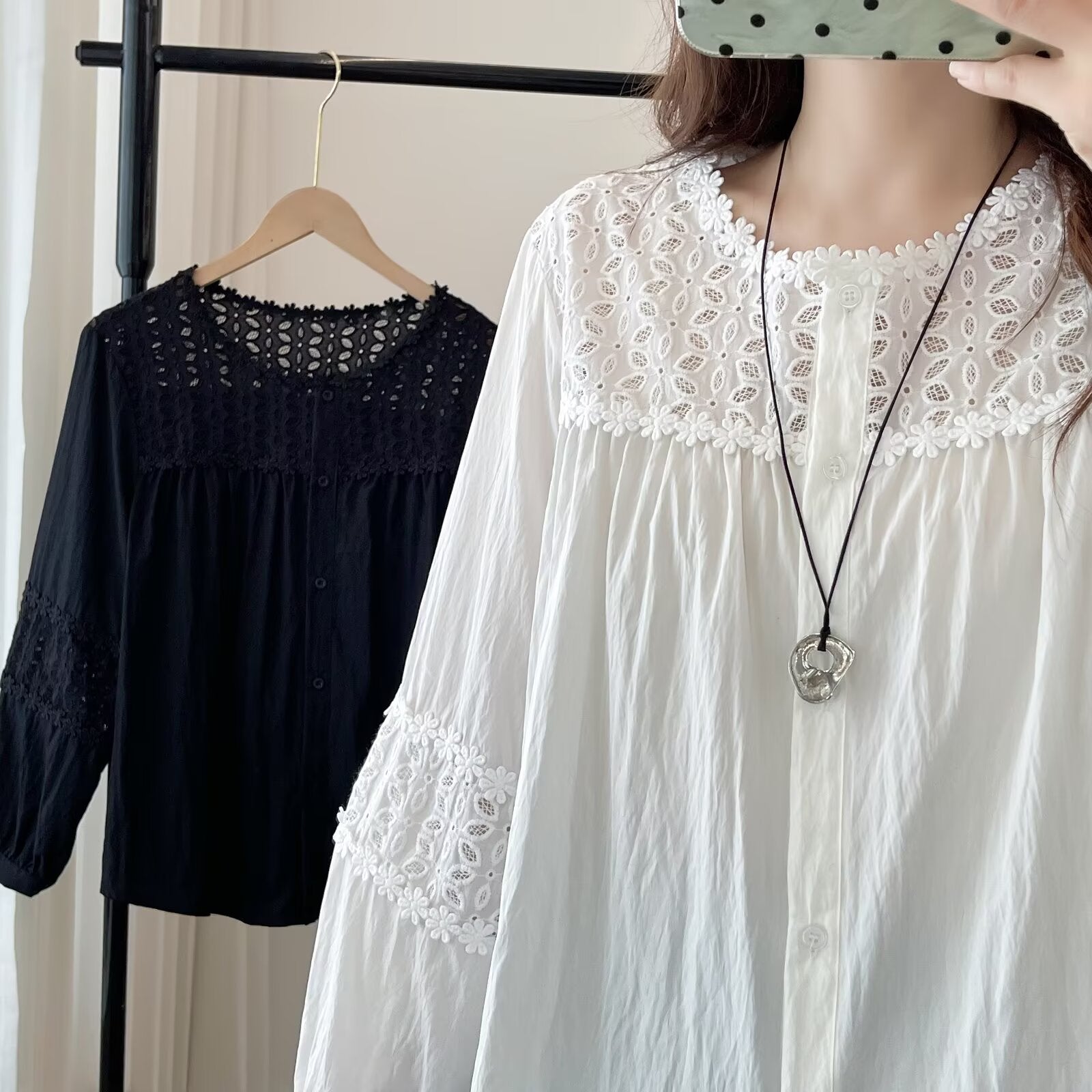 Women's Crochet Patchwork Long Sleeve Shirt – Trendy Casual Button-Up Blouse for Everyday Wear