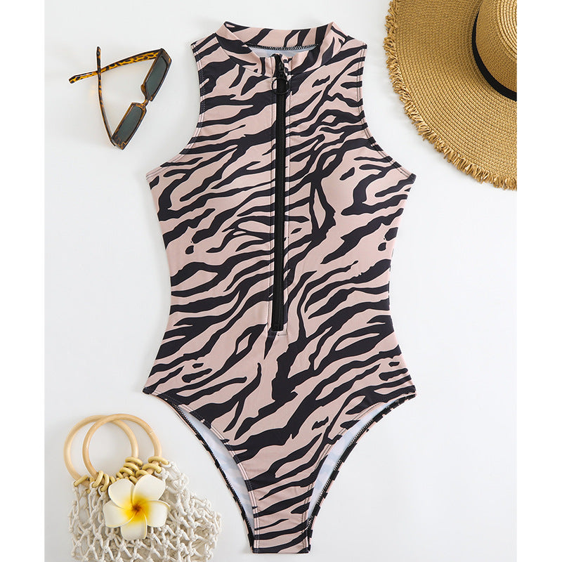 Leopard Print High Collar Zipper One-Piece Swimsuit - Slim Fit