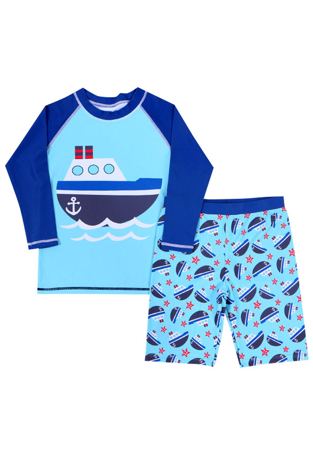 Kids Boys Long Sleeve Stylish Cartoon Sunscreen Two Piece Elastic Waist Swimwear