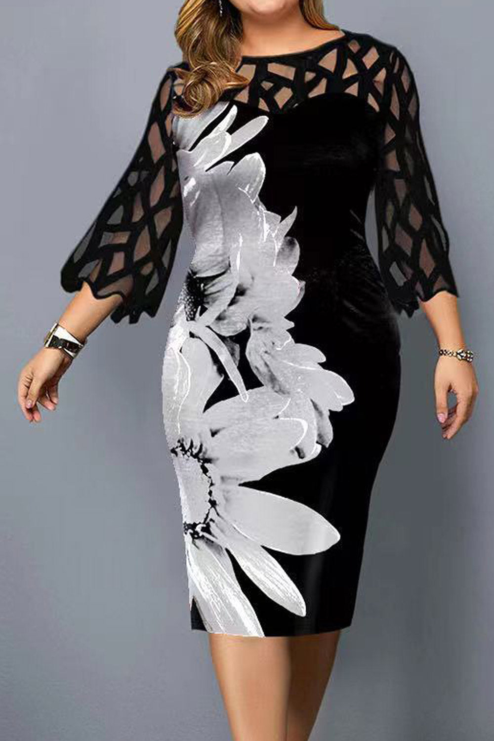 Women Plus Digital Floral Print 3/4 Mesh Sleeve Bodycon Dress