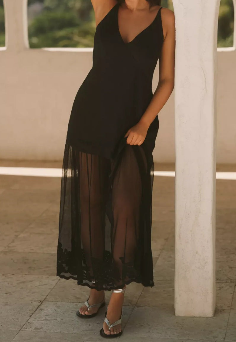 Women's Solid Color V-Neck Backless Sheer Detail Suspender Dress
