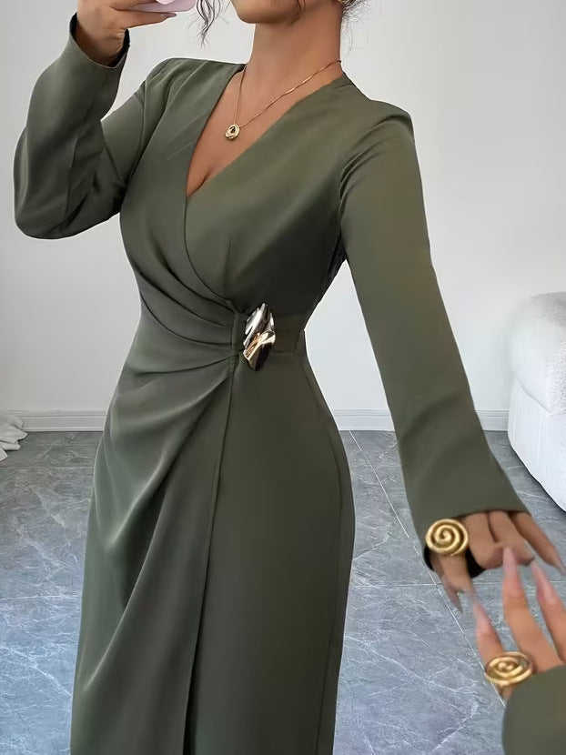 Women's Elegant Long Sleeve Maxi Dress with Side Slit, Irregular Hem, French-Inspired Fashion Dress
