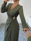 Women's Elegant Long Sleeve Maxi Dress with Side Slit, Irregular Hem, French-Inspired Fashion Dress