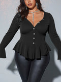 Women's Long-Sleeve V-Neck Flared Sleeve Solid Color Body-Shaping Top – Elegant Slim Fit Blouse for Plus Sizes