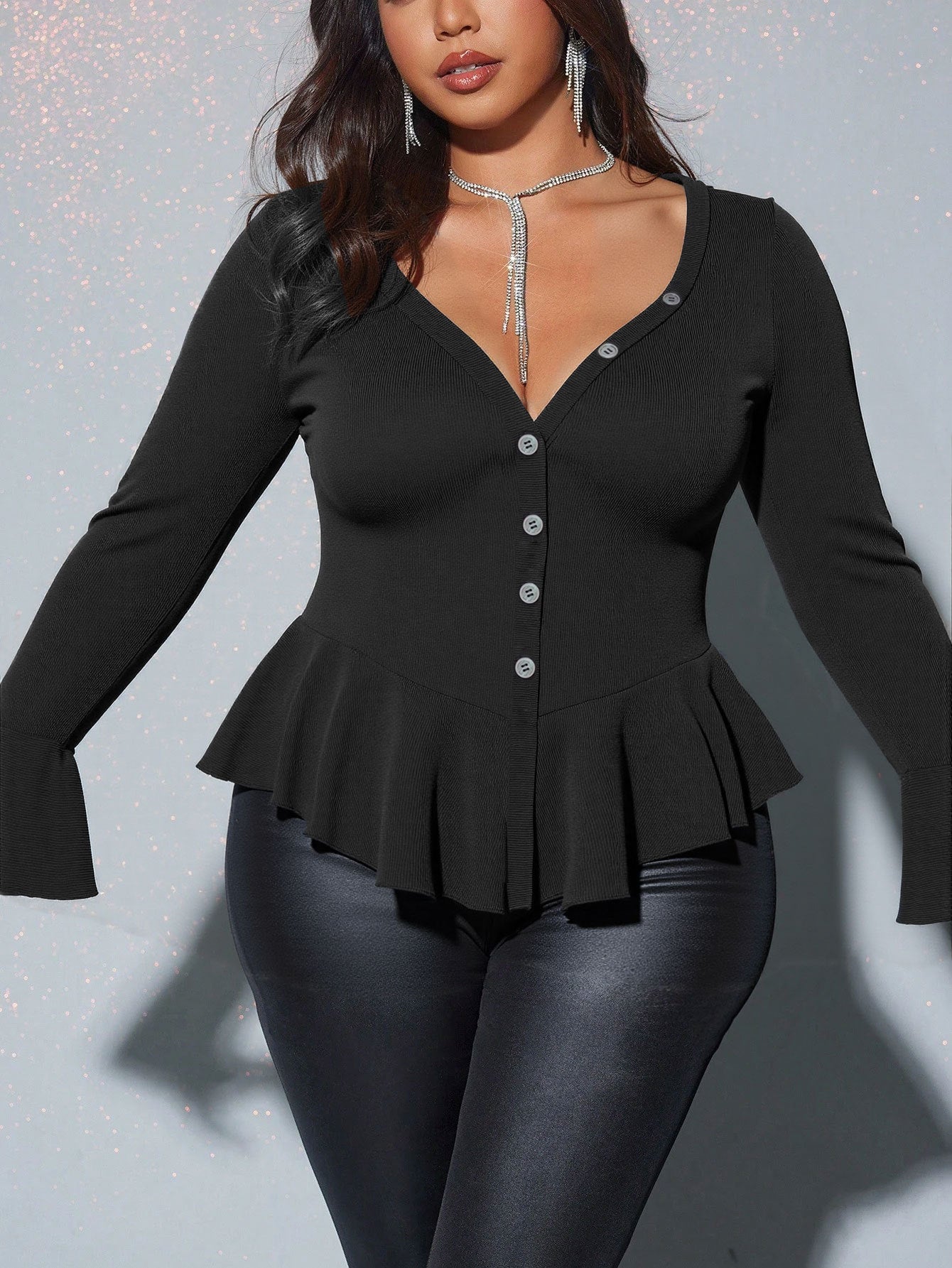 Women's Long-Sleeve V-Neck Flared Sleeve Solid Color Body-Shaping Top – Elegant Slim Fit Blouse for Plus Sizes