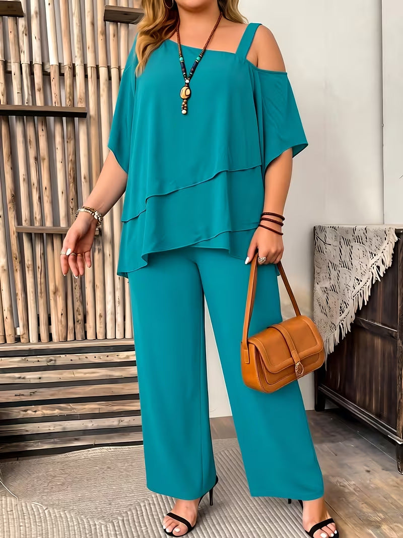 Women’s Summer Casual Loose Fit Solid Color Short-Sleeve Plus-Size Top and Pants Set