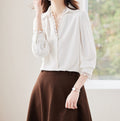 Women's White Chiffon V-Neck Blouse - Elegant Long-Sleeve Shirt