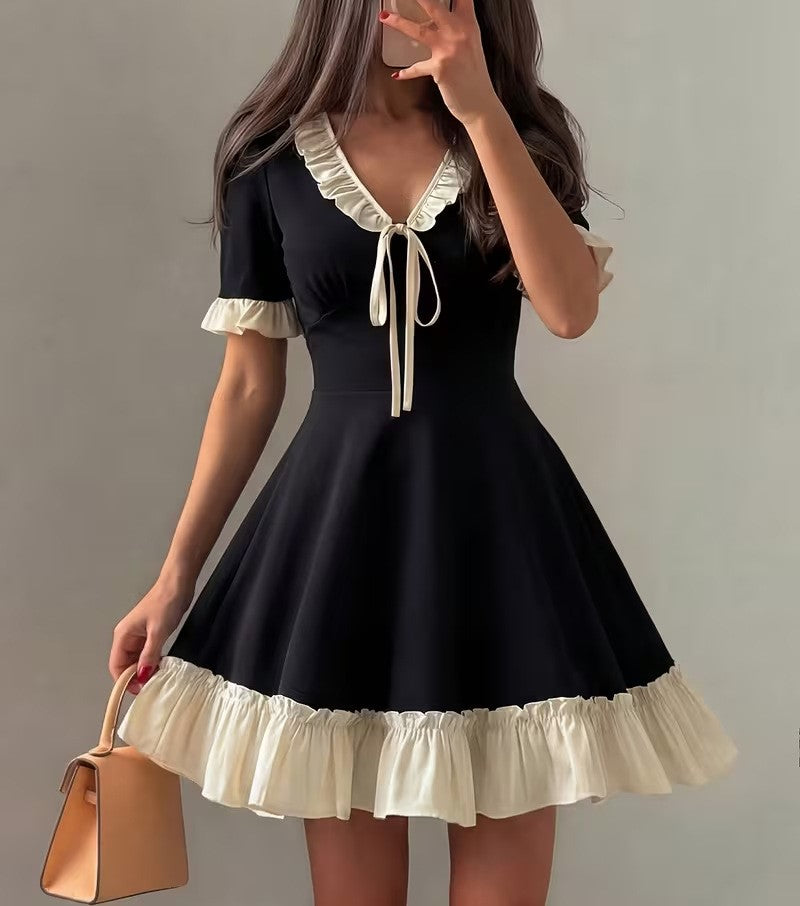 Women's Summer Contrast Color V-Neck Ruffle Tie-Waist A-Line French Style Mini Dress