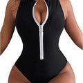 Solid Color High Collar Chest Zipper One-Piece Bikini Swimsuit