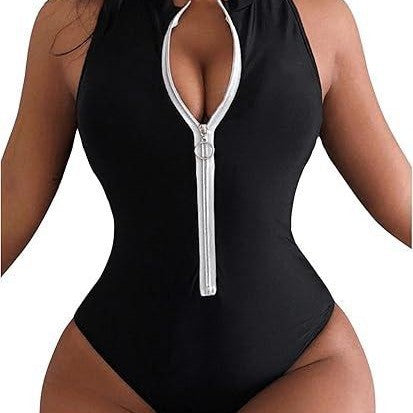 Solid Color High Collar Chest Zipper One-Piece Bikini Swimsuit