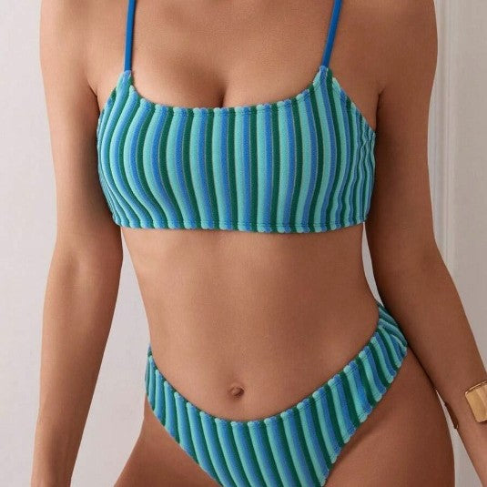 Double Shoulder Strap Striped High-Waist Backless Split Bikini for Women