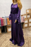 Women Attractive Shiny Colored Kimono Style Sleeve Round Neck Drawstring Waist Slim Fit Evening Maxi Dress