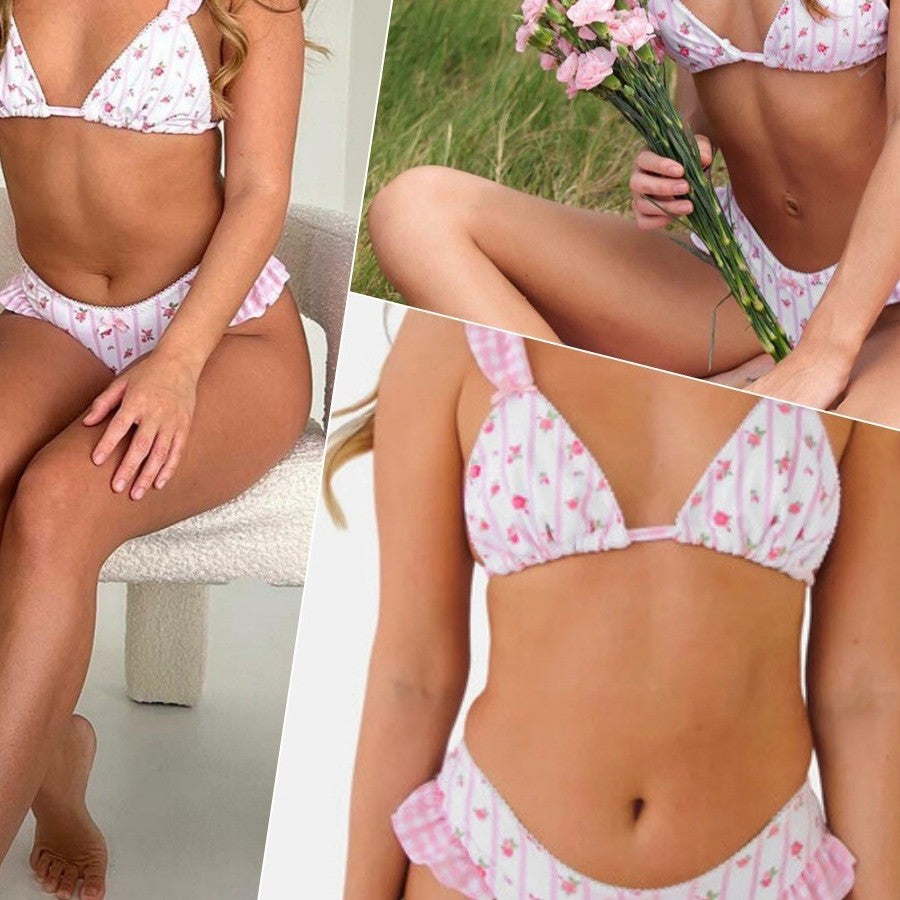 Women's Floral Split Bikini Set with Ruffled Lace, Bow Detail & Adjustable Straps