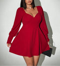 Plus Size Wine Red Elegant High-Waist V-Neck Dress – Autumn & Winter Collection | Short Skirt, Long Sleeve, High-End Fashion