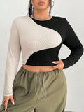 Autumn Winter Slim Fit Contrast Color Spliced Knitted Crop Top – Ultra-Short Long Sleeve Round Neck Navel T-Shirt for Women