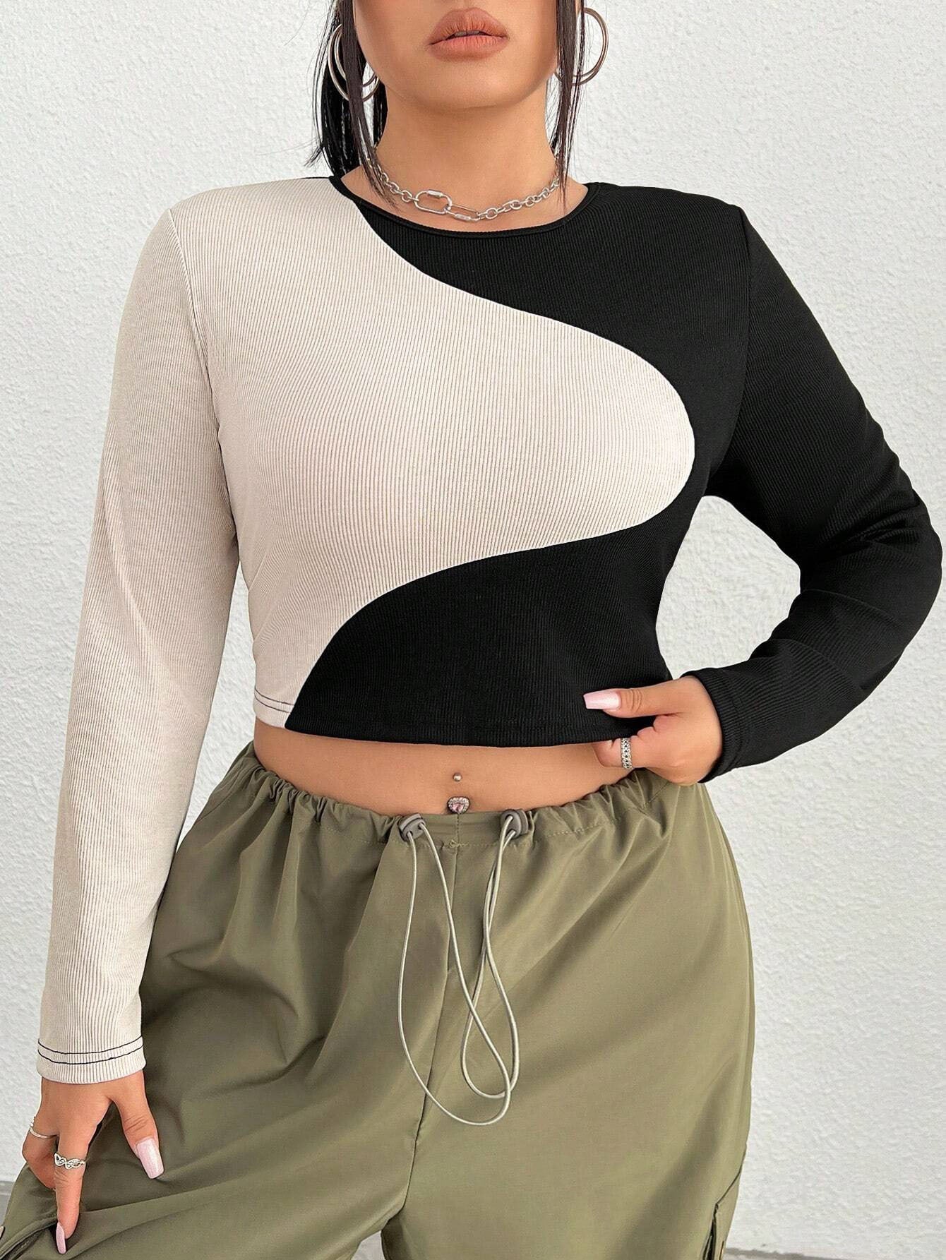 Autumn Winter Slim Fit Contrast Color Spliced Knitted Crop Top – Ultra-Short Long Sleeve Round Neck Navel T-Shirt for Women