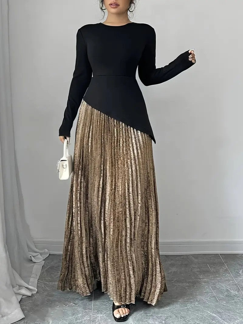 Women's Floor-Length Pleated Maxi Skirt with Large Hem, Elegant High-Waist Long Skirt