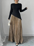 Women's Floor-Length Pleated Maxi Skirt with Large Hem, Elegant High-Waist Long Skirt