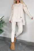 Women's Casual Solid Color Long Sleeve Round Neck Top with Side Slit and German Fleece 2-Piece Lounge Set