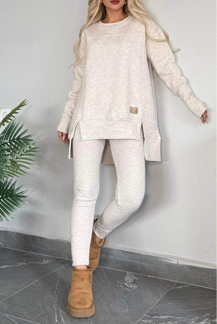 Women's Casual Solid Color Long Sleeve Round Neck Top with Side Slit and German Fleece 2-Piece Lounge Set