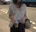 Women's Ruffled V-Neck Lace Chiffon Blouse – Elegant Loose Fit Short Sleeve Apricot Cream Top