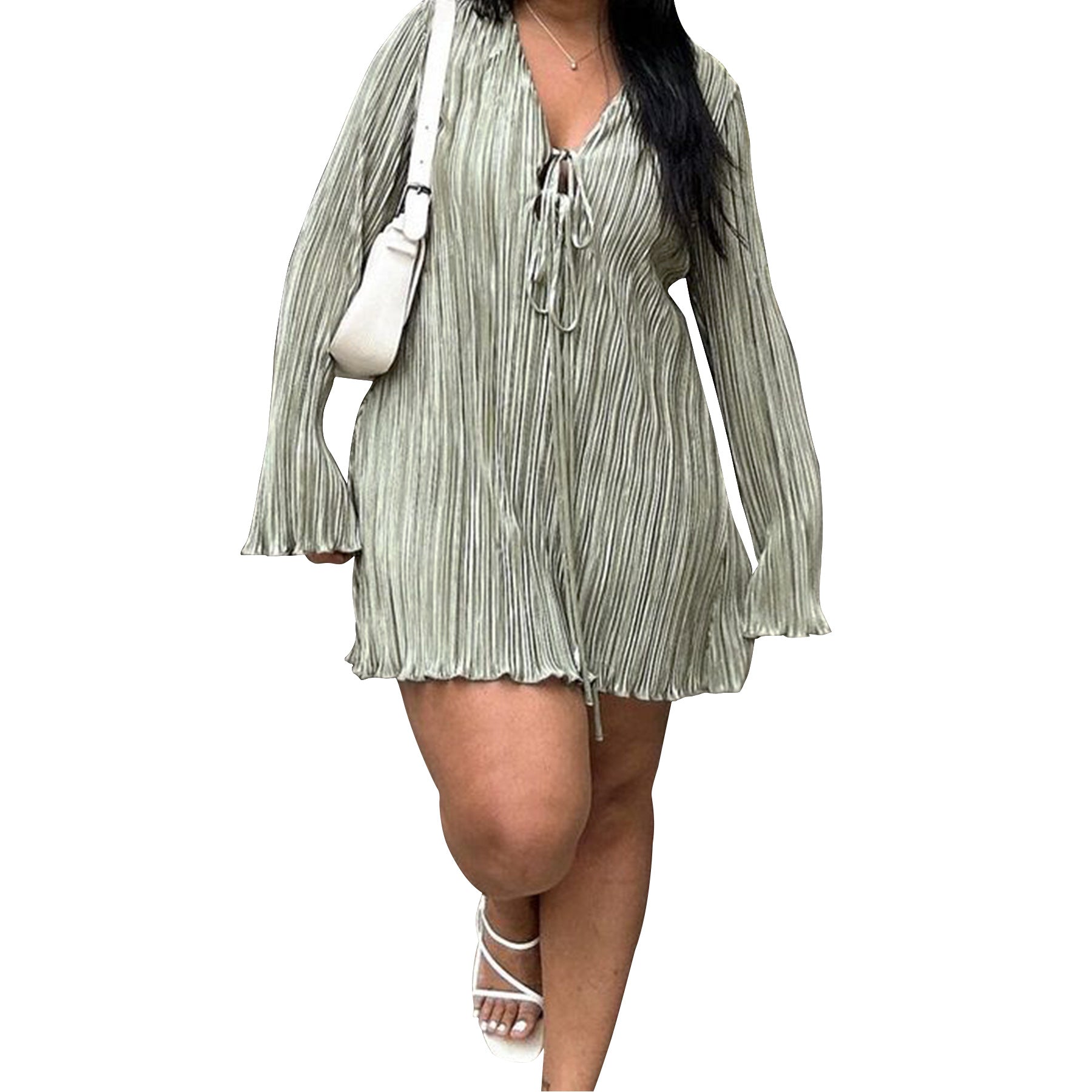 Wish Plus Size Elegant Tie-Waist Dress – Long Sleeve Flared Skirt, Slimming Formal Wear, Solid Color Evening & Office Outfit