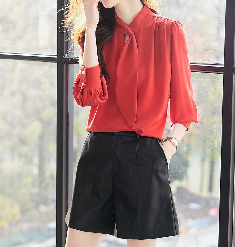 Women's Red Long Sleeve Ribbon Side Shirt - Spring Fashion Blouse